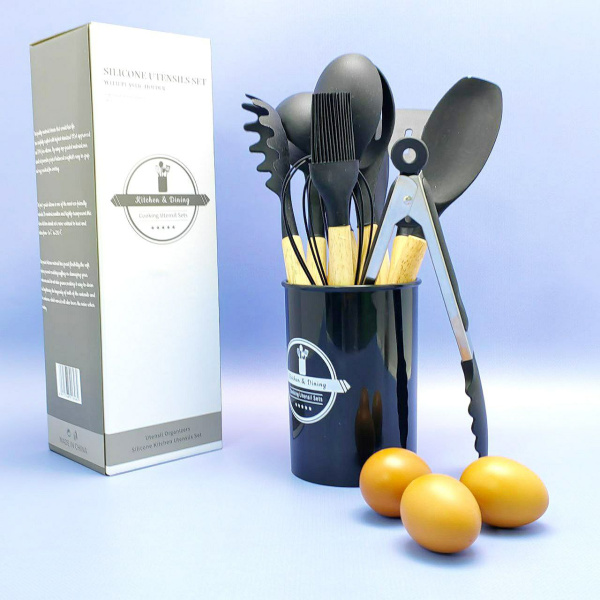 Набор кухонных принадлежностей с подставкой и деревянной ручкой 12 предметов Utensils Set / Подарочный силиконовый набор